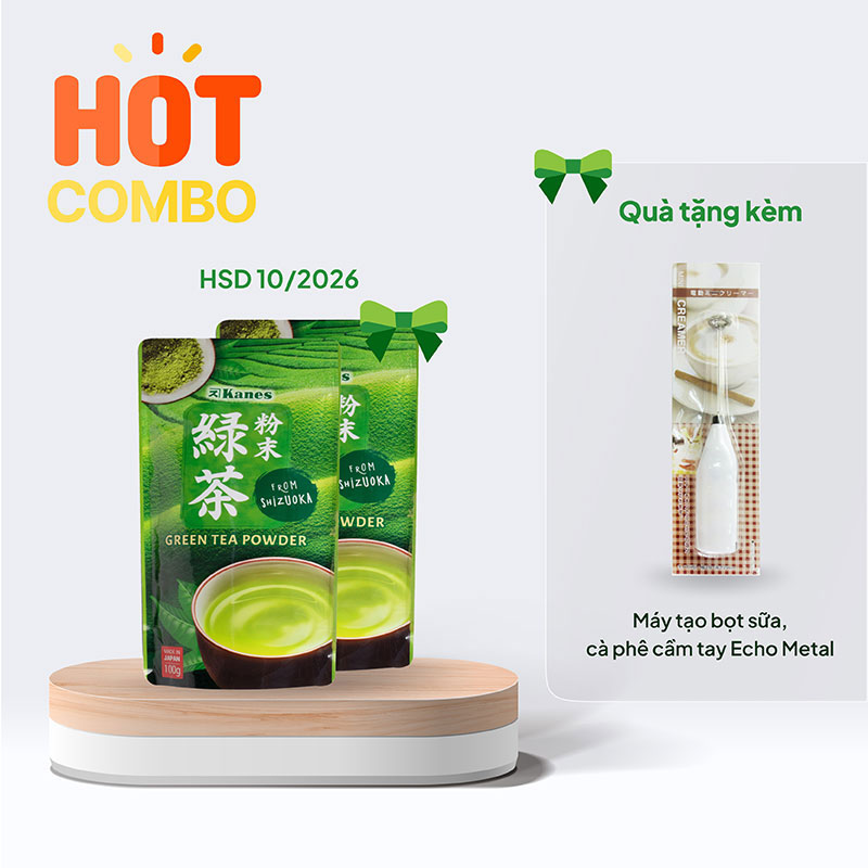 Combo siêu hời mua 1 tặng 1 Bột trà xanh Nhật Bản Kanes 100g (HSD: 10/2026) tặng Máy tạo bọt sữa, cà phê cầm tay Echo Metal thương hiệu 