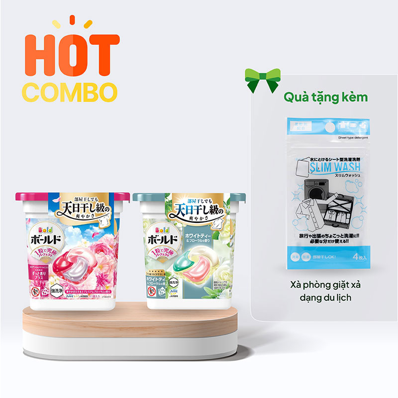 Combo siêu hời mua 2 hộp Viên giặt xả khử mùi P&G 11 viên (Hương hoa & trà trắng) tặng Xà phòng giặt xả dạng du lịch