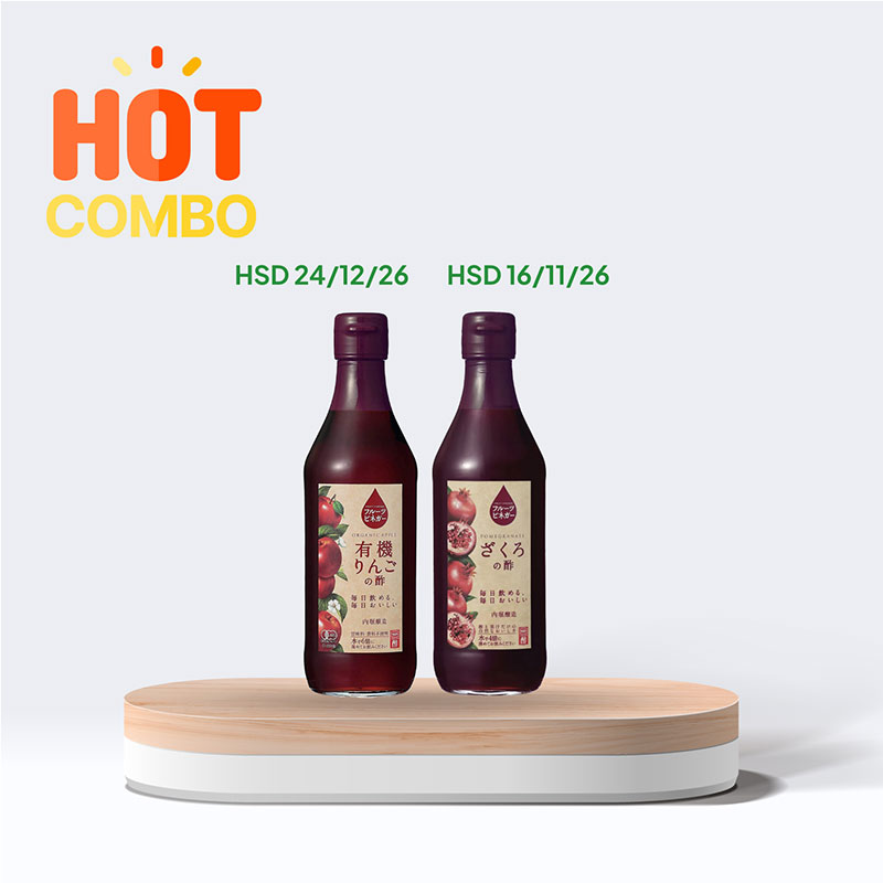 Combo siêu tiết kiệm Giấm táo Organic Uchibori 360ml (HSD: 24/12/2026) và Giấm lựu Nhật Bản Uchibori 360ml (HSD: 16/11/2026)