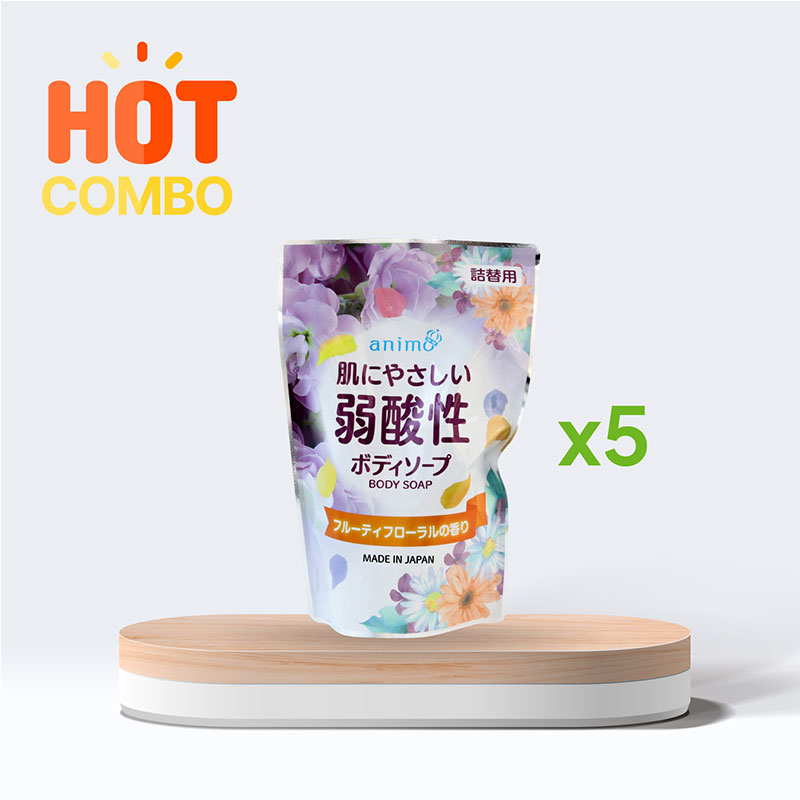 Combo siêu tiết kiệm 5 túi Sữa tắm dưỡng ẩm dịu nhẹ hương hoa trái Animo Weak acid Fruity Floral 340ml