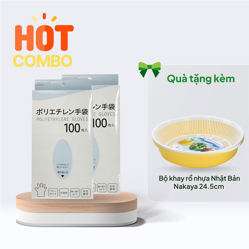 Combo siêu hời mua 2 Bao tay dùng 1 lần 100 cái Free size  tặng Bộ khay rổ nhựa Nhật Bản Nakaya 24.5cm (Nhiều mẫu) 