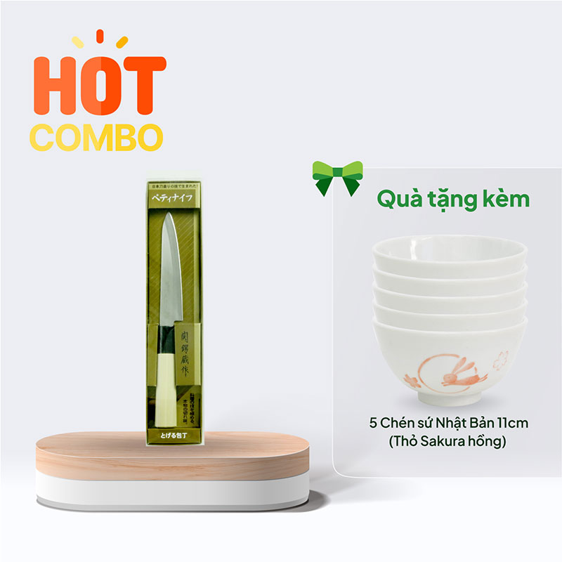 Combo siêu hời mua Dao bếp gọt trái cây inox Nikken Tsubazo lưỡi 12cm tặng 5 Chén sứ Nhật Bản 11cm (Thỏ Sakura hồng) 