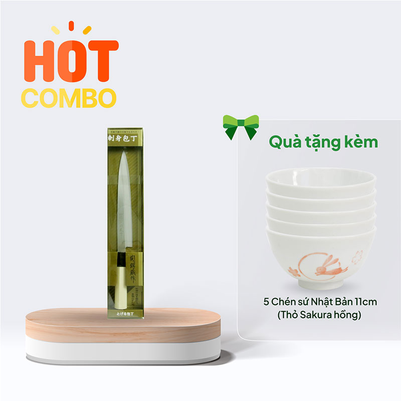 Combo siêu hời mua Dao bếp cắt Sashimi inox Nikken Tsubazo lưỡi 20cm tặng  Chén sứ Nhật Bản 11cm (Thỏ Sakura hồng) 