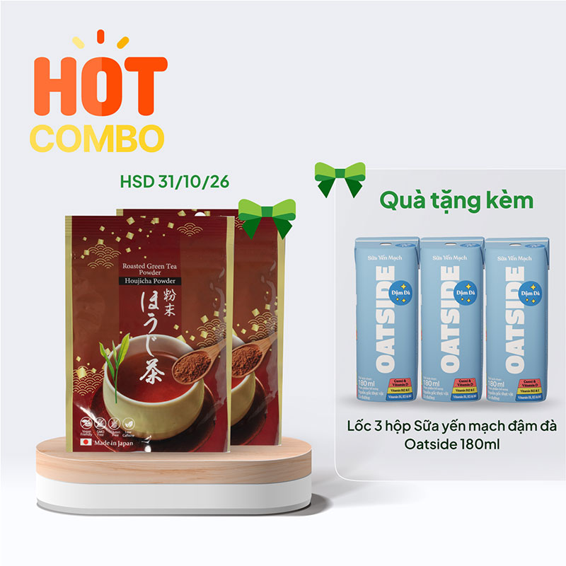 Combo mua 1 tặng 1 Bột trà rang Houjicha Nhật Bản Kanes 50g (HSD: 31/10/26) tặng lốc 3 hộp Sữa yến mạch đậm đà Oatside 180ml thương hiệu 
