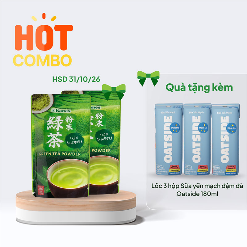 Combo siêu hời mua 1 tặng 1 Bột trà xanh Nhật Bản Kanes 100g (HSD: 31/10/26) tặng Lốc 3 hộp Sữa yến mạch đậm đà Oatside 180ml thương hiệu 