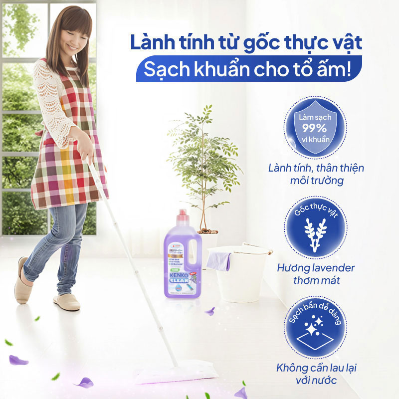 Combo siêu tiết kiệm 2 Nước lau sàn gốc thực vật diệt khuẩn Kenko Clean hương Lavender 1L thương hiệu 