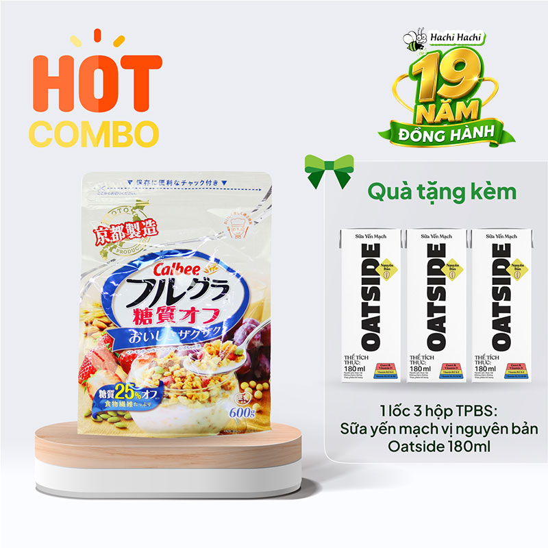 Combo siêu hòi mua Ngũ cốc trái cây Calbee ít đường 600g tặng 1 lốc 3 hộp TPBS: Sữa yến mạch vị nguyên bản Oatside 180ml