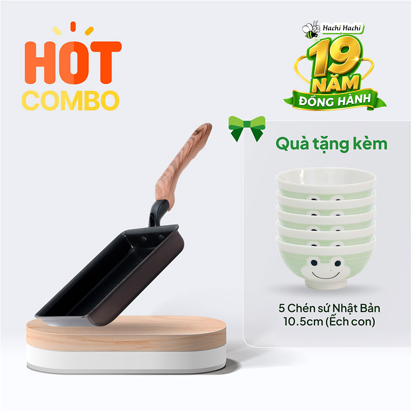 Combo siêu hời mua Chảo chống dính Puntec Nhật Bản 14.4x19.4cm tặng 5 Chén sứ Nhật Bản 10.5cm (Ếch con)