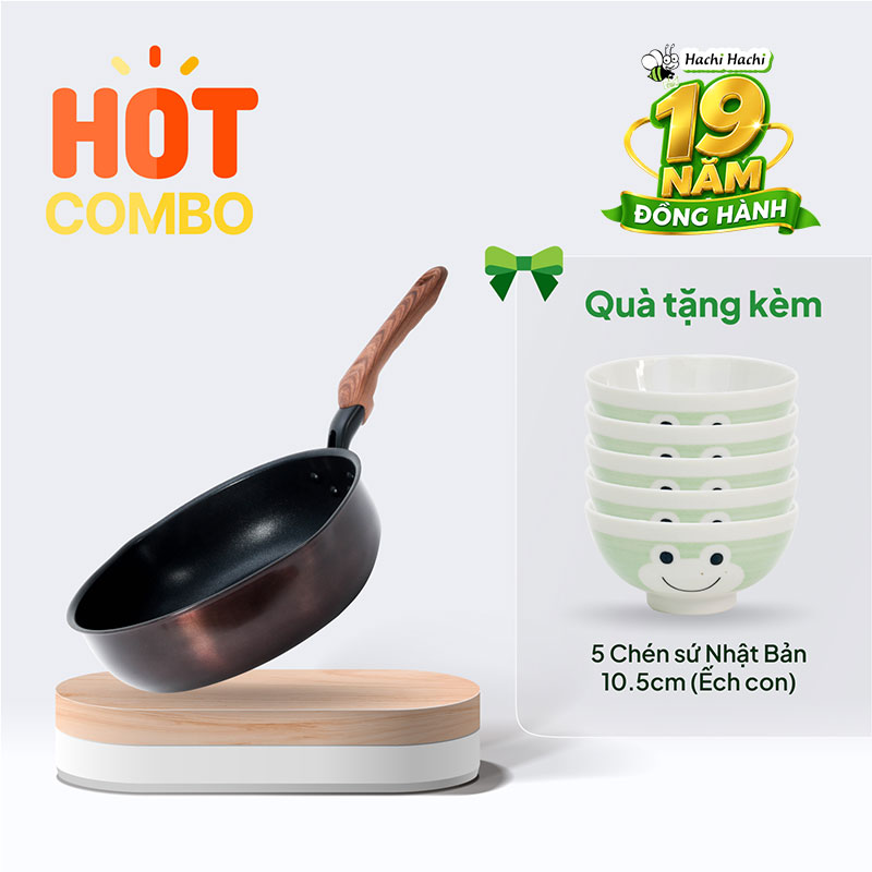 Combo siêu hời mua Chảo chống dính Puntec Nhật Bản 26cm Sâu lòng (có vạch đo lường) tặng 5 Chén sứ Nhật Bản 10.5cm (Ếch con)
