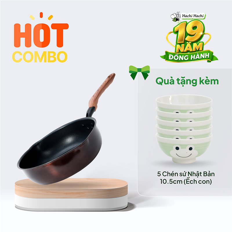 Combo siêu hời mua Chảo chống dính Puntec Nhật Bản 28cm Sâu lòng (có vạch đo lường) tặng 5 Chén sứ Nhật Bản 10.5cm (Ếch con)