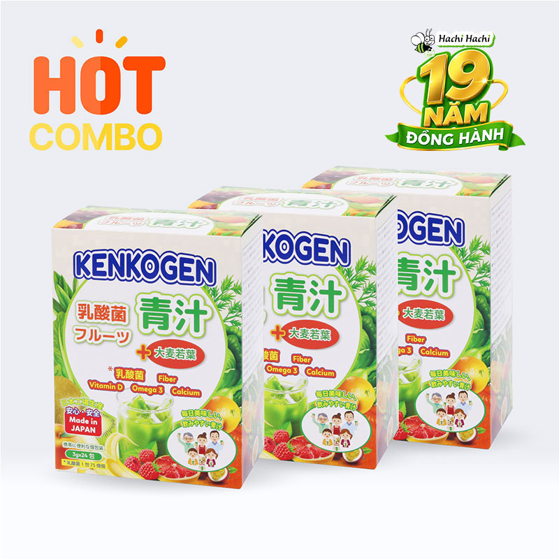 Combo siêu tiết kiệm 3 hộp TPBS: Bột mầm lúa mạch non Nhật Bản Kenkogen trái cây lợi khuẩn, chất xơ, Omega 3 Canxi D 24 gói
