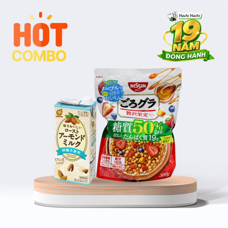 Combo siêu tiết kiệm Sữa hạnh nhân không đường Marusan 1L và Ngũ cốc trái cây Granola giảm đường, bổ sung protein Nissin 300g