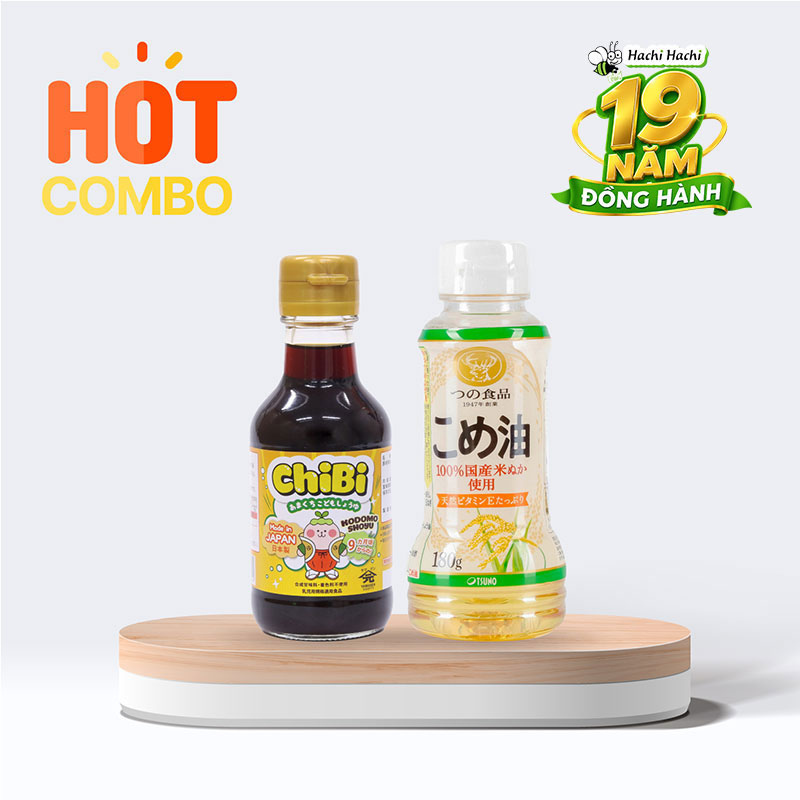 Combo siêu tiết kiệm Nước tương Chibi Nhật Bản cho bé 150ml và Dầu gạo Nhật Bản nguyên chất Tsuno 180g (196ml)