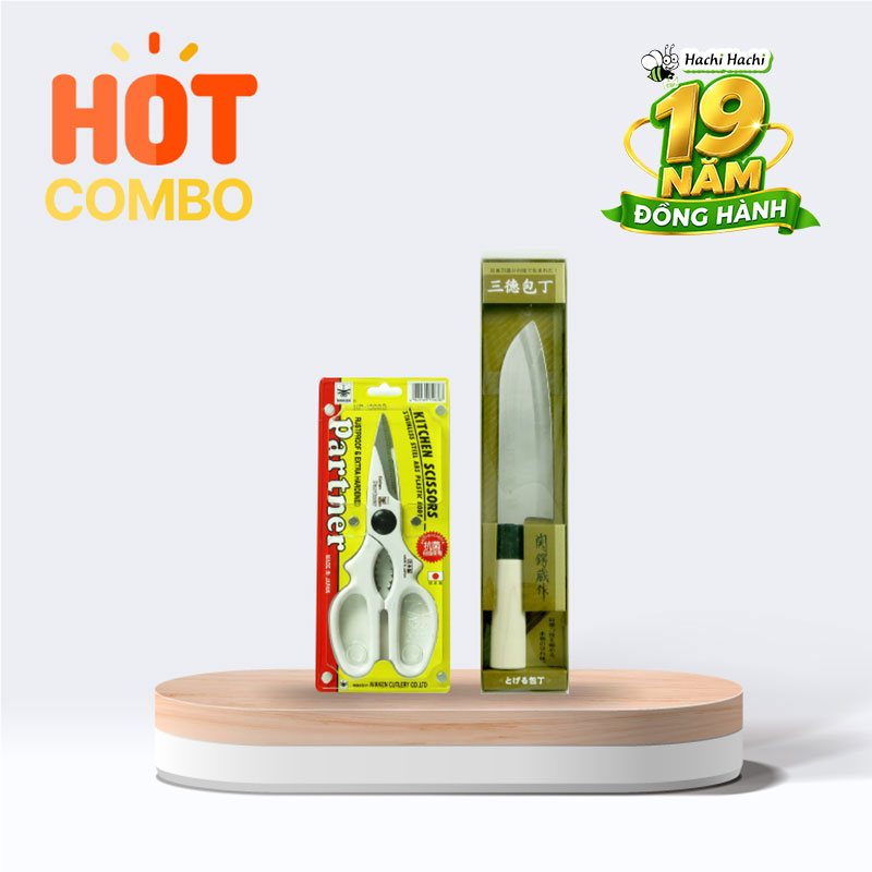 Combo siêu tiết kiệm Dao bếp inox Nikken Tsubazo Santoku lưỡi 17cm và Kéo làm bếp Nikken-Partner 21cm (Nhiều mẫu)