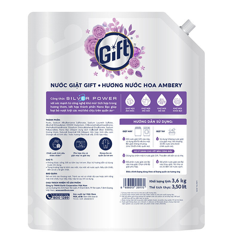 Combo siêu tiết kiệm 1 thùng 4 Nước giặt Gift Hương nước hoa Ambery túi 3.6kg thương hiệu 
