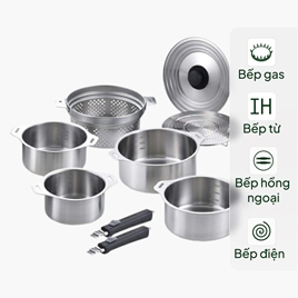 Bộ nồi inox Nhật Bản Wahei Freiz 9 món, inox 304 nguyên khối cao cấp, dùng được bếp từ