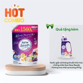 Combo siêu hời mua Nước giặt xả kháng khuẩn khử mùi Kao New Beads Hương hoa nhài xạ hương túi 1560g tặng Chai 690g