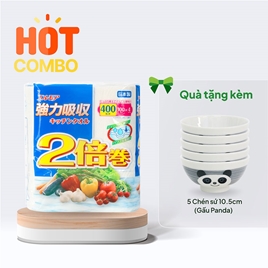 Combo siêu hời mua Khăn giấy bếp siêu thấm hút đa năng Ellemoi 2 lớp (4 cuộnx100 tờ) tặng 5 Chén sứ 10.5cm (Gấu Panda) 