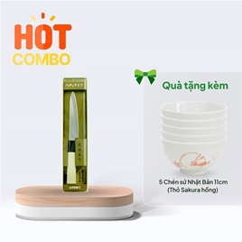 Combo siêu hời mua Dao bếp gọt trái cây inox Nikken Tsubazo lưỡi 12cm tặng 5 Chén sứ Nhật Bản 11cm (Thỏ Sakura hồng) 