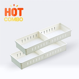 Combo siêu tiết kiệm 2 Khay đựng vật dụng, đồ dùng nhà bếp kèm tấm chia ngăn 34.8x12cm (Trắng) 