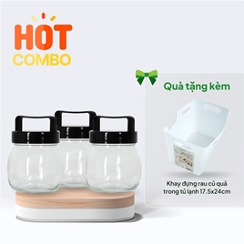 Combo siêu hời mua 3 Hũ thuỷ tinh 300ml Nắp có quai cầm (Nhiều mẫu) tặng Khay đựng rau củ quả trong tủ lạnh 17.5x24cm