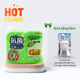 Combo siêu hời mua Mút rửa chén kháng khuẩn, tạo bọt 4 cái tặng Cọ chùi rửa vật dụng nhà bếp 7cm (Có ngăn chứa xà bông)