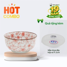 Combo siêu hời mua Hộp sứ Nhật Bản đựng thức ăn 10.6cm (họa tiết Karakusa đỏ) tặng Nắp nhựa đậy hộp sứ 11.2cm