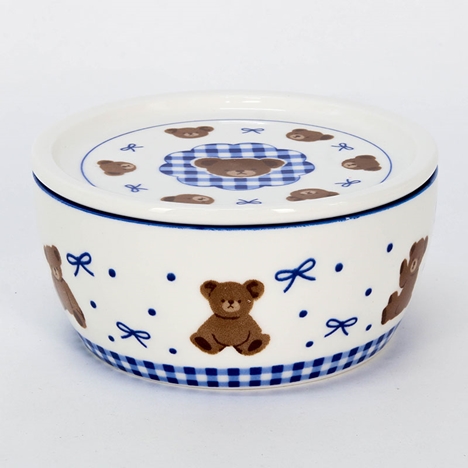 Hộp sứ đựng thức ăn 12.5cm hình gấu & nơ (Xanh), dùng được lò vi sóng