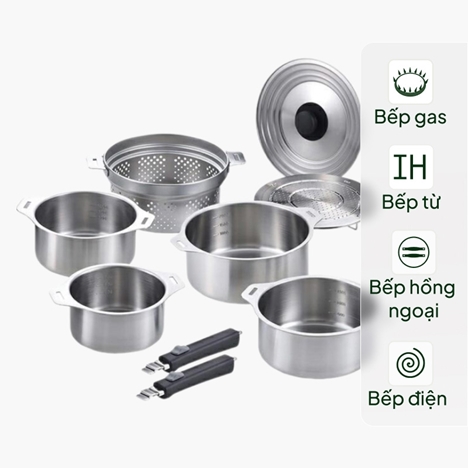 Bộ nồi inox Nhật Bản Wahei Freiz 9 món, inox 304 nguyên khối cao cấp, dùng được bếp từ
