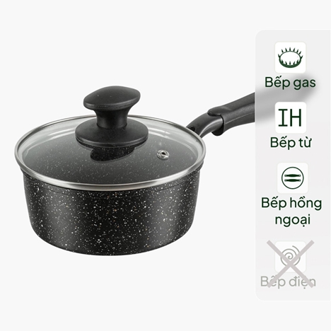 Quánh chống dính đá hoa cương 16cm Kèm nắp kính, dùng được bếp từ