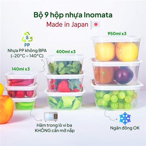 Bộ hộp nhựa đựng thực phẩm Inomata Nhật Bản 9 cái 140ml; 400ml; 950ml)x3, trữ đông, trữ mát, dùng lò vi sóng