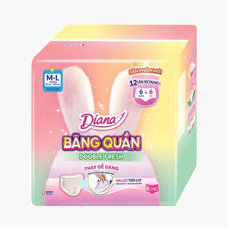 Băng vệ sinh dạng quần chống tràn 2 lõi Diana Double Fresh M-L 6 cái - 12 lần dùng (Vòng hông: 85 - 105 cm) 