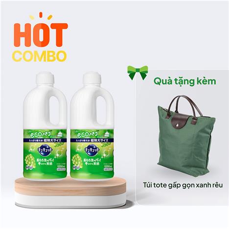 Combo siêu hời mua 2 Nước rửa chén Kyukyuto Kao chống khuẩn tạo bọt hương nho 1.25L tặng túi tote gấp gọn xanh rêu