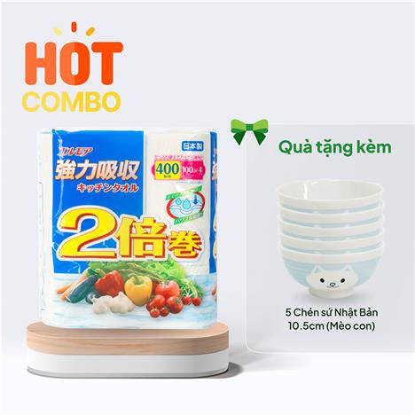 Combo siêu hời mua Khăn giấy bếp Nhật Bản đa năng Ellemoi 2 lớp (4 cuộnx100 tờ) tặng 5 Chén sứ Nhật Bản 10.5cm (Mèo con)