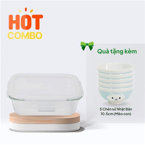 Combo siêu hời mua Hộp thủy tinh chịu nhiệt khóa chặt 620ml tặng 5 Chén sứ Nhật Bản 10.5cm (Mèo con)