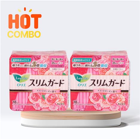 Combo siêu tiết kiệm 2 gói Băng vệ sinh siêu mỏng có cánh Laurier Slimguard  25cm 18 miếng Hương hoa hồng