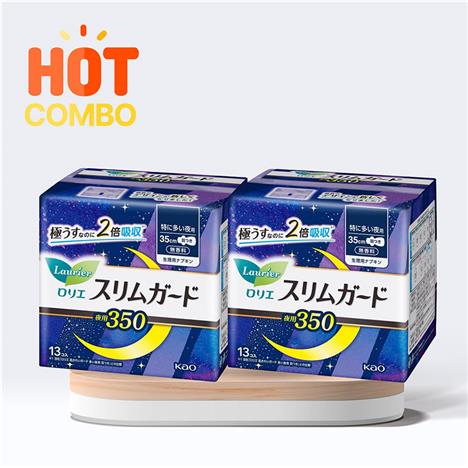 Combo siêu tiết kiệm 2 gói Băng vệ sinh ban đêm siêu mỏng có cánh Laurier Slimguard 35cm 13 miếng