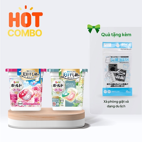 Combo siêu hời mua 2 hộp Viên giặt xả khử mùi P&G 11 viên (Hương hoa & trà trắng) tặng Xà phòng giặt xả dạng du lịch