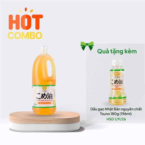 Combo siêu hời mua Dầu gạo Nhật Bản nguyên chất Tsuno 1500g (1636ml) tặng chai 180g cùng loại (HSD: 1/9/2026)