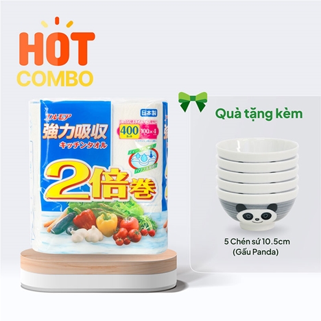 Combo siêu hời mua Khăn giấy bếp siêu thấm hút đa năng Ellemoi 2 lớp (4 cuộnx100 tờ) tặng 5 Chén sứ 10.5cm (Gấu Panda) 
