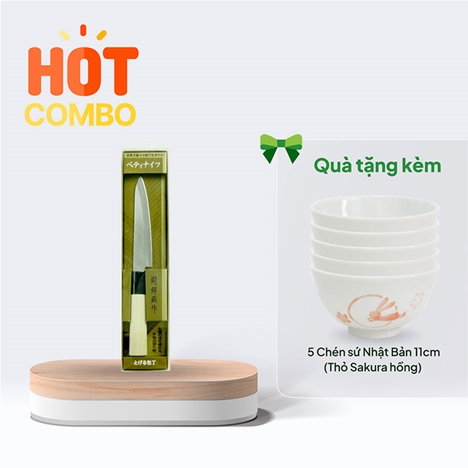 Combo siêu hời mua Dao bếp gọt trái cây inox Nikken Tsubazo lưỡi 12cm tặng 5 Chén sứ Nhật Bản 11cm (Thỏ Sakura hồng) 