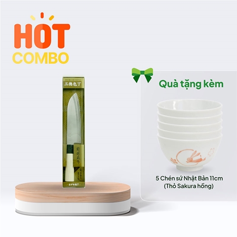 Combo siêu hời mua Dao bếp inox Nikken Tsubazo Santoku lưỡi 17cm tặng 5 Chén sứ Nhật Bản 11cm (Thỏ Sakura hồng) 