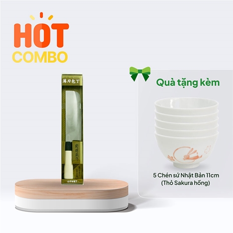Combo siêu hời mua Dao bếp inox Nikken Tsubazo Nakiri lưỡi 17cm 12cm tặng 5 Chén sứ Nhật Bản 11cm (Thỏ Sakura hồng) 