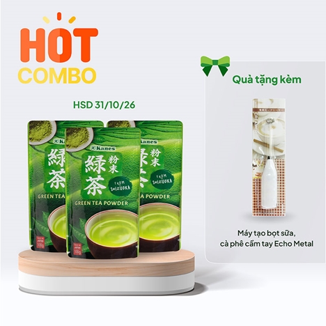 Combo siêu hời mua 3 gói Bột trà xanh Nhật Bản Kanes 100g (HSD: 31/10/26) tặng Máy tạo bọt sữa, cà phê cầm tay Echo Metal