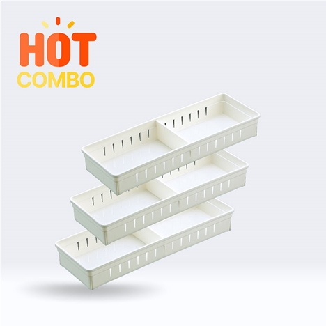 Combo siêu tiết kiệm 3 Khay đựng vật dụng, đồ dùng nhà bếp kèm tấm chia ngăn 34.8x12cm (Trắng)