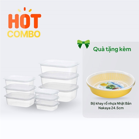 Combo siêu hời mua Bộ hộp nhựa đựng thực phẩm Inomata 9 cái tặng Bộ khay rổ nhựa Nhật Bản Nakaya 24.5cm (Nhiều mẫu)