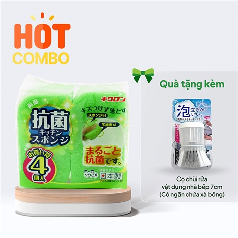 Combo siêu hời mua Mút rửa chén kháng khuẩn, tạo bọt 4 cái tặng Cọ chùi rửa vật dụng nhà bếp 7cm (Có ngăn chứa xà bông)