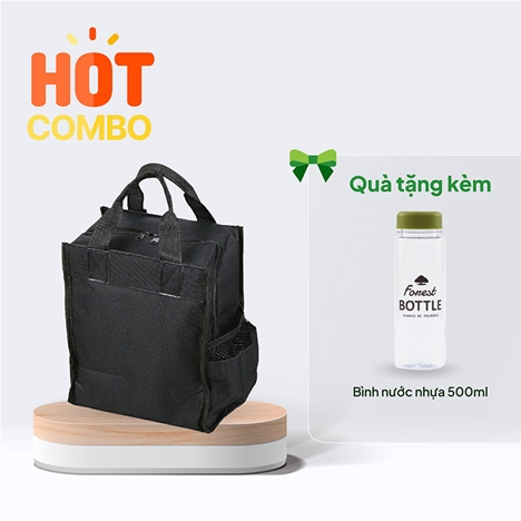 Combo siêu hời mua Túi đựng hộp cơm, bình nước 22.5x26.5cm (Đen) tặng Bình nước nhựa 500ml (Nhiều mẫu)