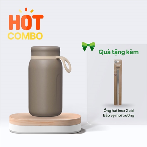 Combo siêu hời mua Bình giữ nhiệt Wahei Freiz BPA Free 300ml (Nâu) tặng Ống hút inox 2 cái Bảo vệ môi trường
