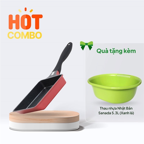 Combo siêu hời mua Chảo chống dính đá hoa cương Pearl Metal 13x18cm, Chiên trứng cuộn tặng Thau nhựa Nhật Bản Sanada 5.3L (Xanh lá)